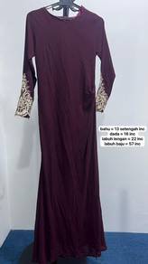 Maroon Long Sleeve Dress with Gold Embroidery