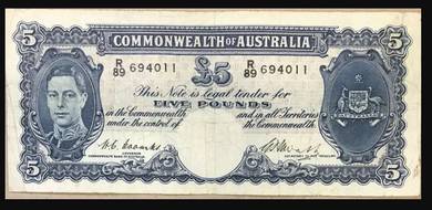 AUSTRALIA 5 pounds 1949 - Pick 27c  vf