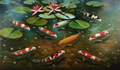 Nine Koi of Eternal Fortune II–Oil Painting Signed