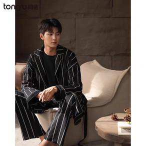 Men's Black Striped Cotton Pajama Set / Sleepwear 