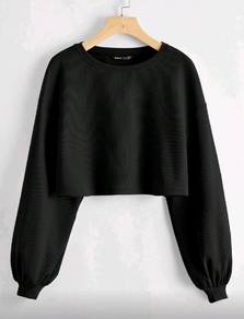 black/ White Solid drop shoulder crop top