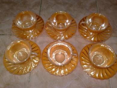 Cawan antique anchor hocking orange cup saucer 6