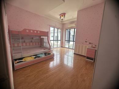 Pink bunkbed with cupboard and study table