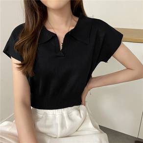 简约修身短袖POLO衫短款针织衫 Cropped knit short sweater top