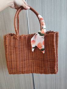 Boho Woven Rattan-Style Tote Bag with Orange Print