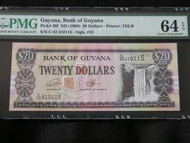 1996 Guyana Bank of Guyana 20 Dollars PMG 64 EPQ