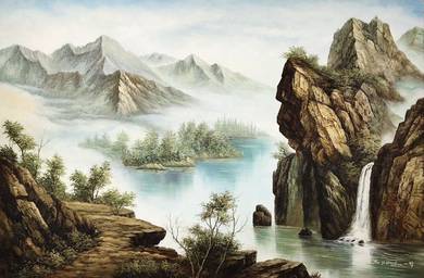 Tan Yi Qiang Waterfall Landscape Oil Painting 2005