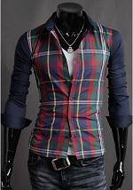 F0572A Mens Color Contrast Plaid Long Sleeve Shirt