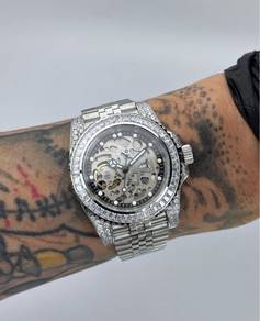 Custom Seiko Mod 40mm Silver Skeleton Full Diamond