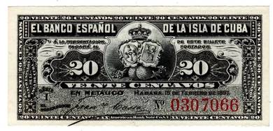 El Banco Espanol De Cuba 20 centavos 1897  Pick 53