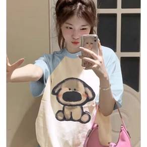 #Pure cotton fabric, milky blue raglan sleeve dog color