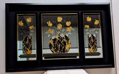 Triptych Gold Rose Floral Wall Art -Etched Mirror