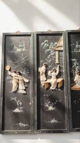 Vintage Chinoiserie 4-Panel Black Lacquer Wall Art