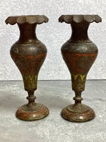 Antique Brass Vases with Enamel Etching (Pair)
