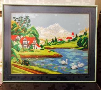 Vintage Hand Embroidered Picture - Swans