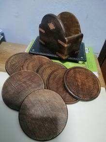 Vintage 7 Wooden Coasters & Holder