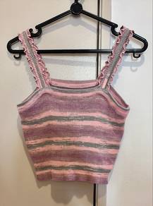 Pink purple stripes ruffle strap crop top