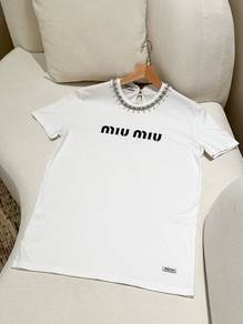Miu Miu Crystal And Pearl-Embellished Logo T-Shirt