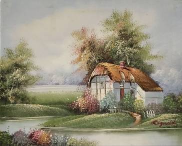 Countryside Cottage by the River – Oil Painting