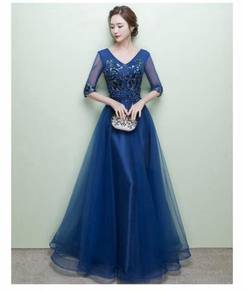 Blue long sleeve wedding bridesmaid prom dress RBB