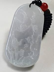 Ice White Burma Jadeite Jade Flower& Birds Pendant
