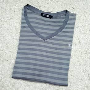 Burberry Grey Stripes  V- Neck Long Sleeve Tee
