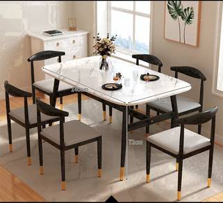 Meja Makan set design marble(Putih) 6 kerusi curve