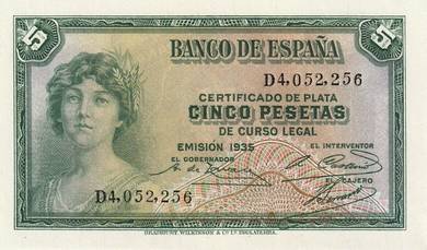 Spain 5 Pesetas Paper Money 1935 - P85a  unc