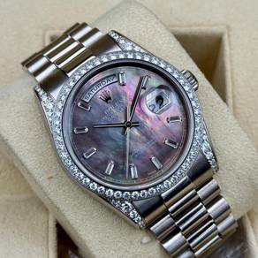 Rolex Day-Date 18K WG Black MOP Baguette Diamond