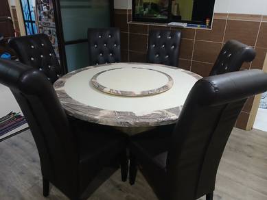 Dining Table Marble Bulat + 6 Kerusi