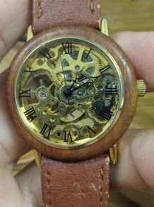 Vintage skeleton wooden manual wind watch