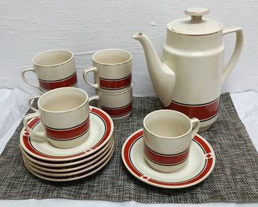 Vintage Coffee Set with Red Stripes