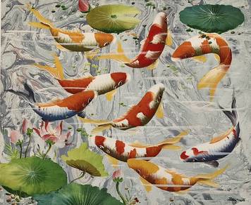 Nine Koi Oil Painting II – Signed by Parkeds Tan
