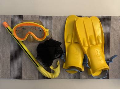 Kids Yellow Snorkel Mask, Snorkel Tube, Fins, and