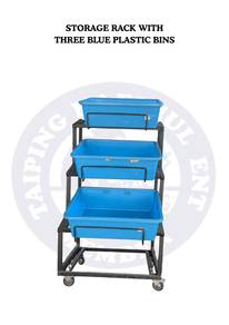 Storage Rack with 3 Blue Plastic Bins