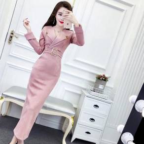 Pink brown long sleeve office maxi dress RBP0697