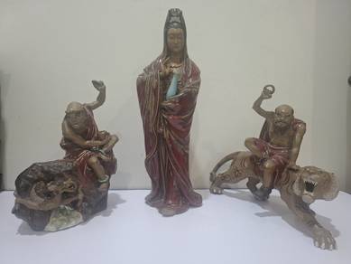 Red glaze Guanyin with Dragon & Tiger Arhats set
