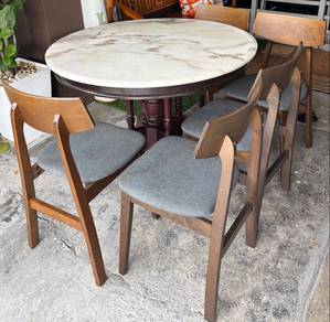 Marble Top Round Dining Table with 5 Wooden Chairs