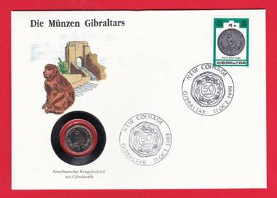 Gibraltar 5 pence coin and stamps 1990