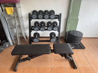 set dumbell , racks, bench, barbell set