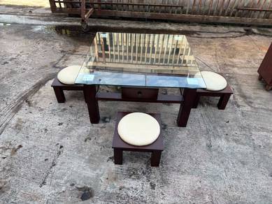 [Set] Solid Glass Meja Jepun Coffee Table + Stool