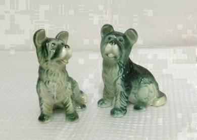 1970s Vtg Green Bone China Terrier Dogs (PAIR) #A