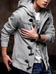 371 LIGHT GREY HOODIE ZiPPER BUTTON SWEATER JACKET