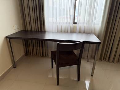 dark wood desk long table with brown chair set