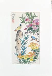 Watercolor Birds & Chrysanthemums Framed with Seal