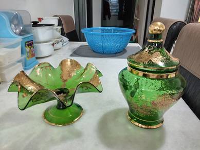 Set Balang & Mangkuk Kaca Vintage Emerald Gold