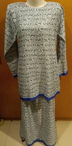 Blue Grey Floral Baju Kurung Set with Blue Trim

