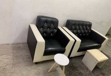 Pure Leather 2+1 Black and White Sofa with Ottoma