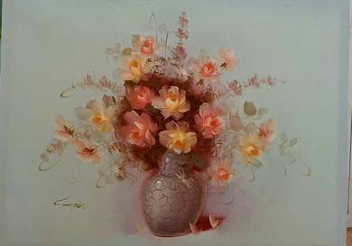 Vintage Oil Painting - Soft Roses in Mosaic Vase