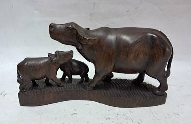 Vintage Wooden Buffalo Family Sculpture 1973 Bangk